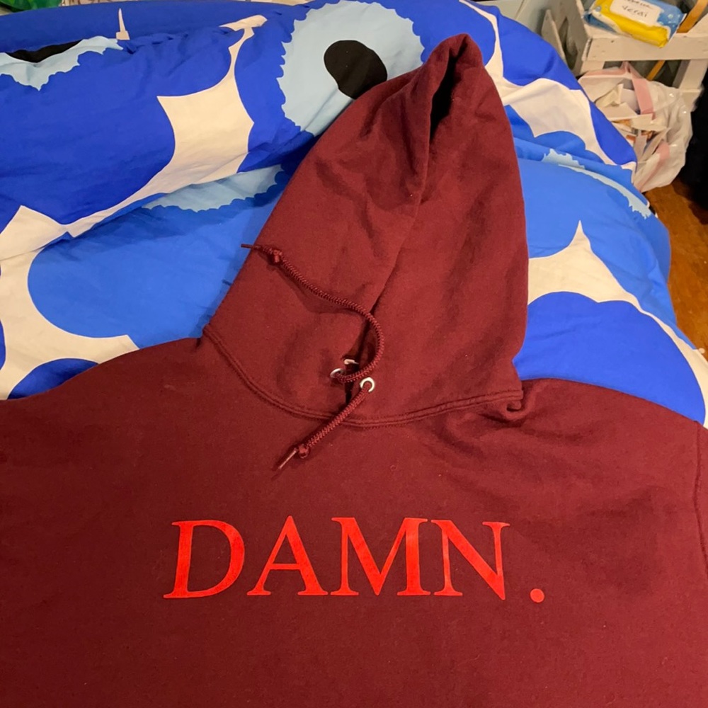 Kendrick Lamar DAMN. Burgundy with red lettering